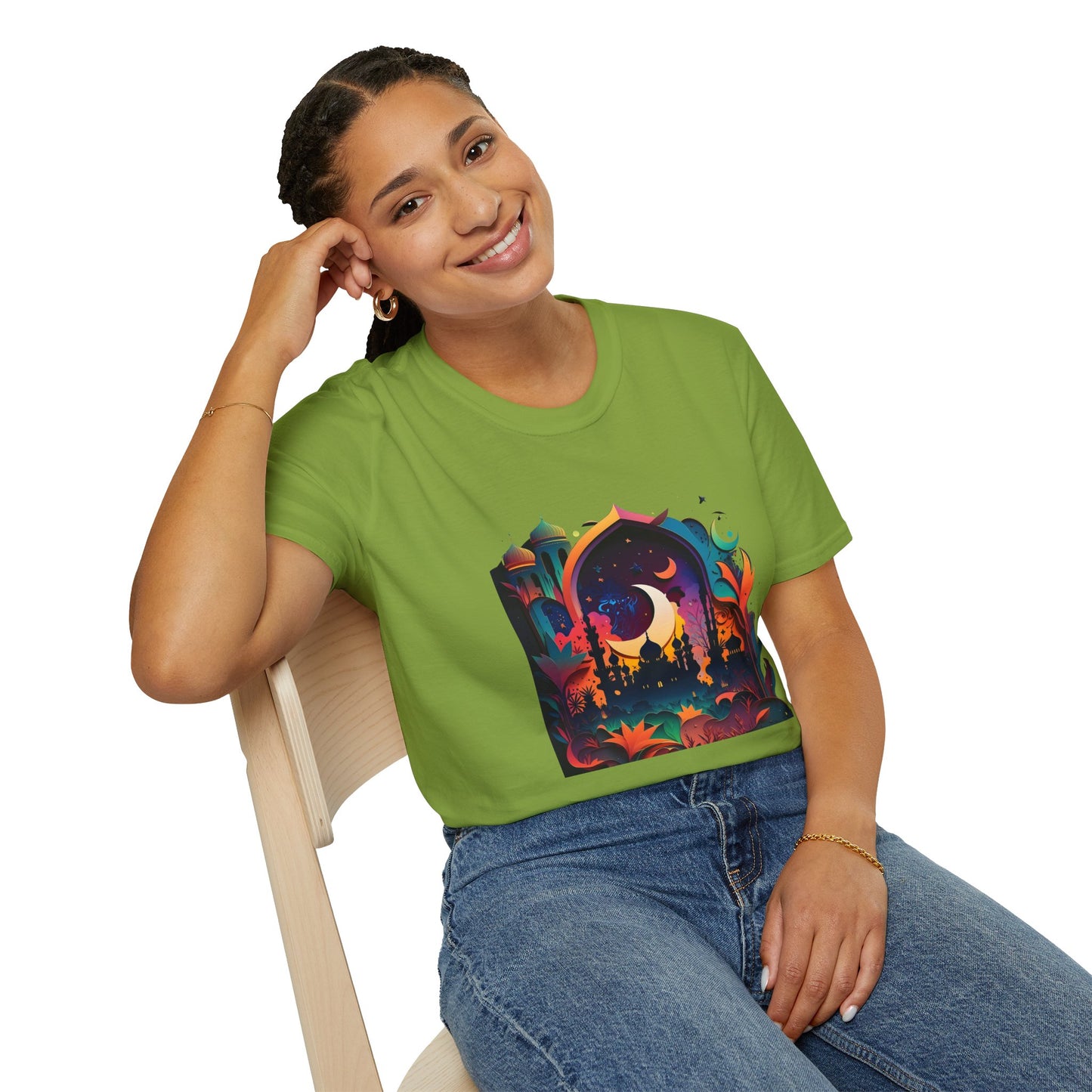 Celestial Unisex T-Shirt with Islamic Theme, Festival Wear Neon Color Masjid