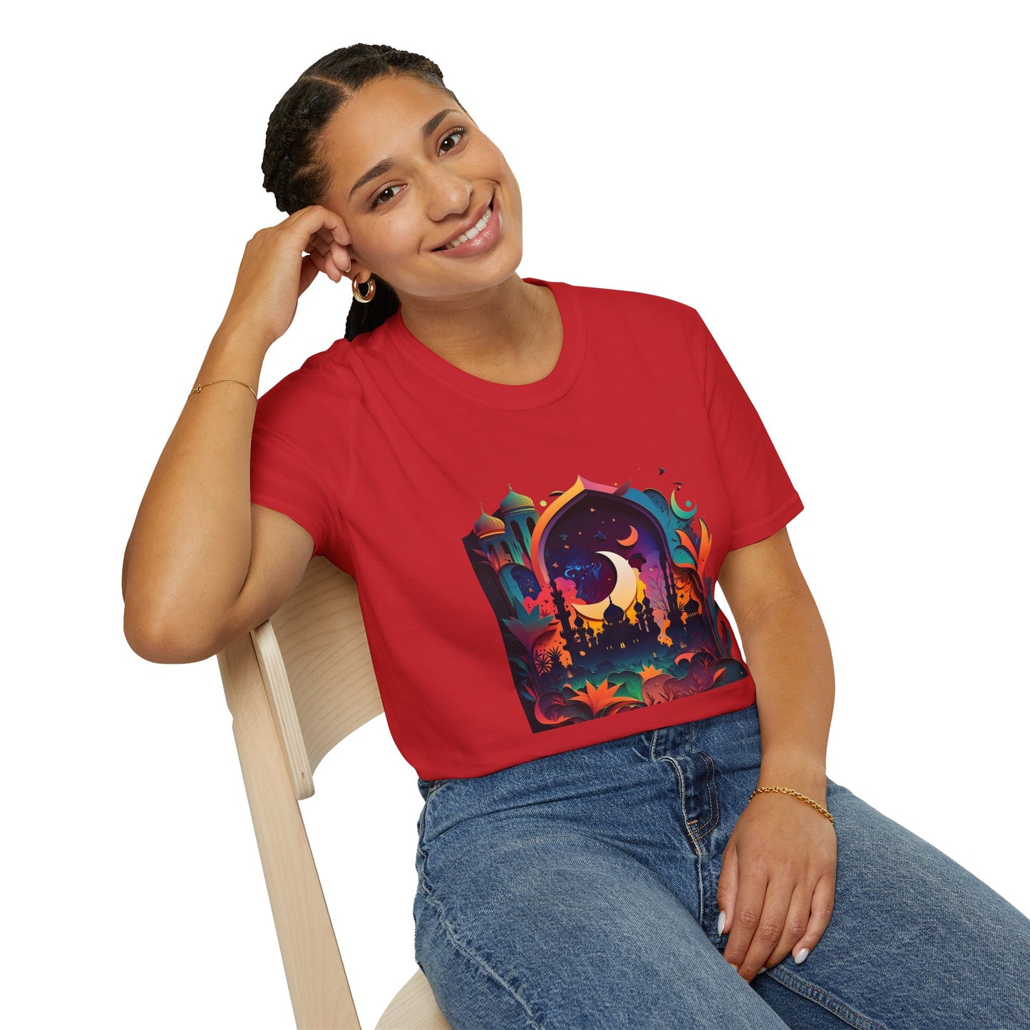Celestial Unisex T-Shirt with Islamic Theme, Festival Wear Neon Color Masjid