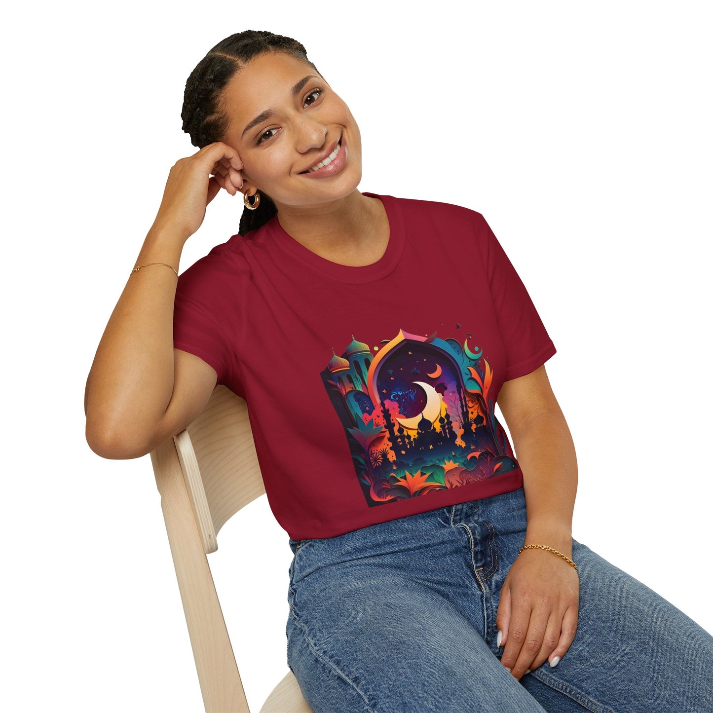 Celestial Unisex T-Shirt with Islamic Theme, Festival Wear Neon Color Masjid