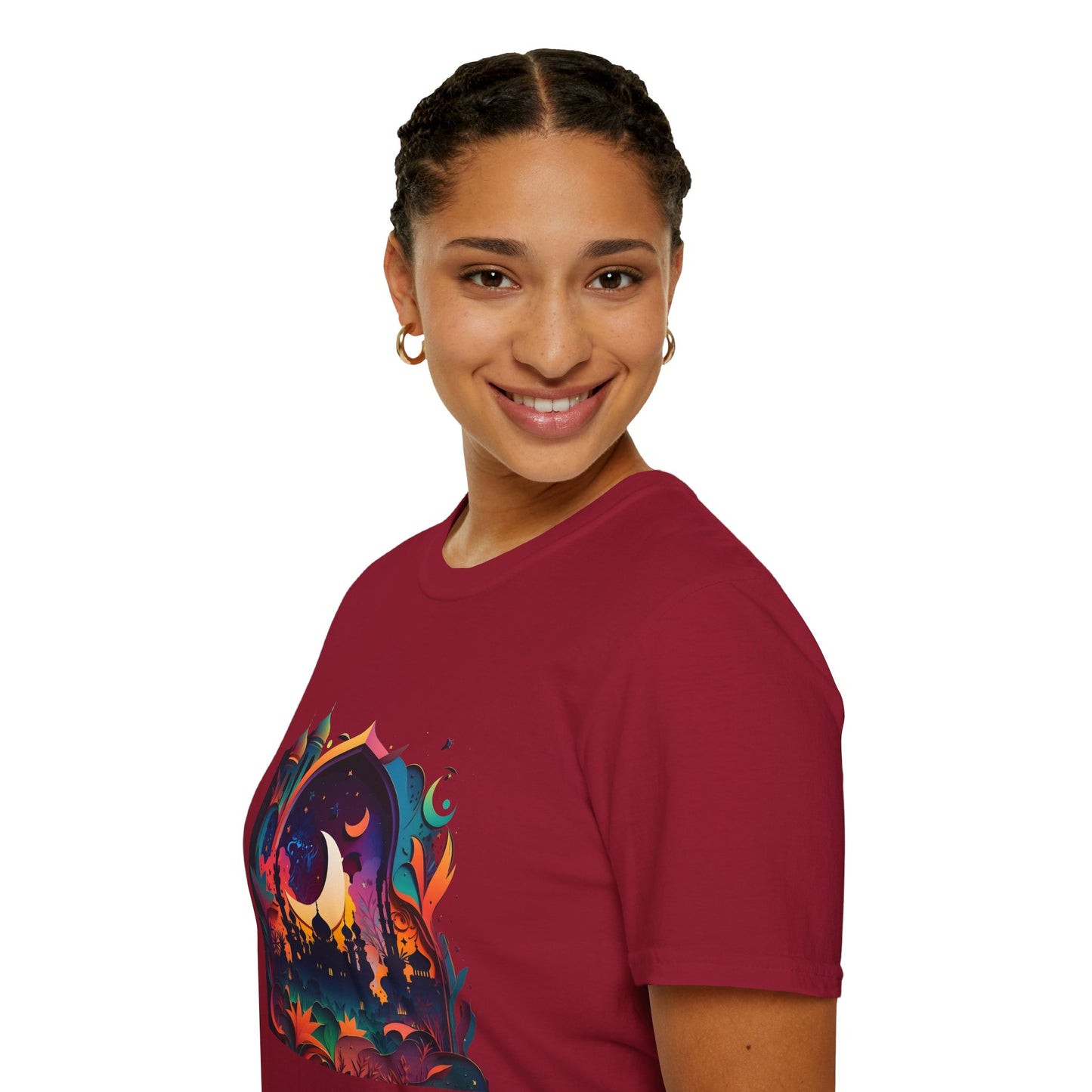 Celestial Unisex T-Shirt with Islamic Theme, Festival Wear Neon Color Masjid
