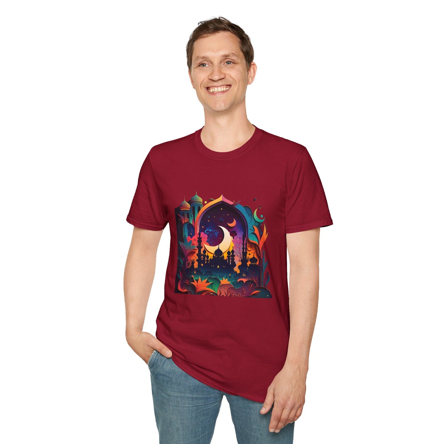 Celestial Unisex T-Shirt with Islamic Theme, Festival Wear Neon Color Masjid