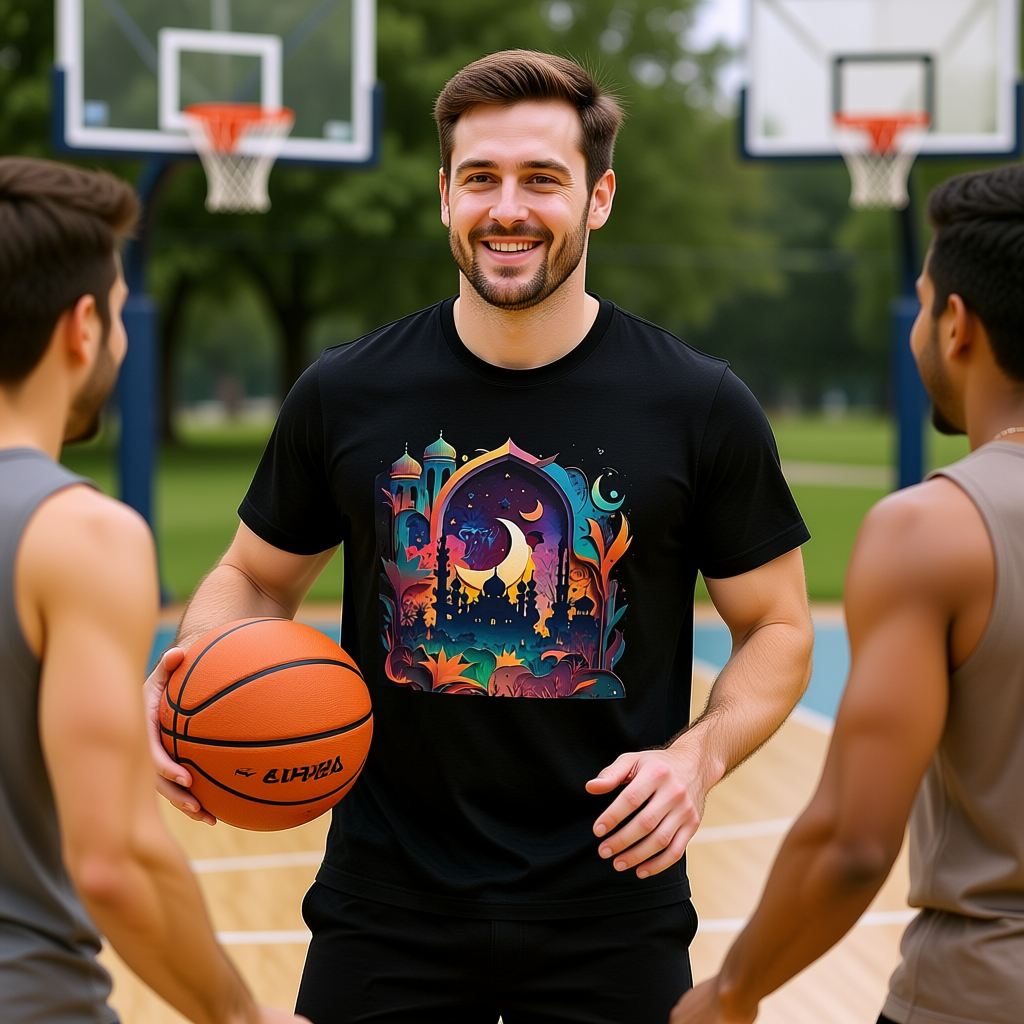 Celestial Unisex T-Shirt with Islamic Theme, Festival Wear Neon Color Masjid