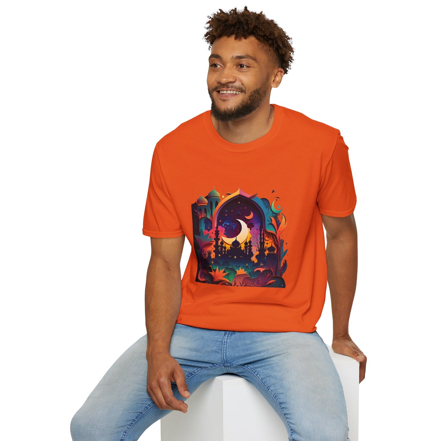 Celestial Unisex T-Shirt with Islamic Theme, Festival Wear Neon Color Masjid