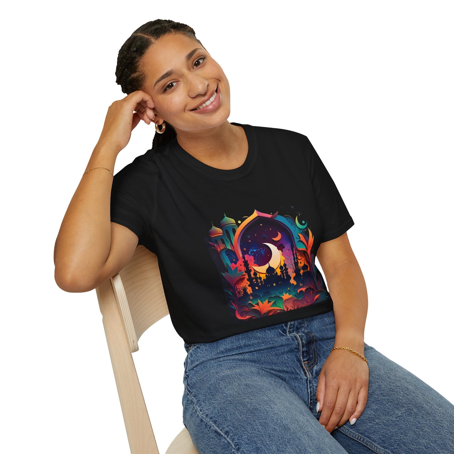 Celestial Unisex T-Shirt with Islamic Theme, Festival Wear Neon Color Masjid
