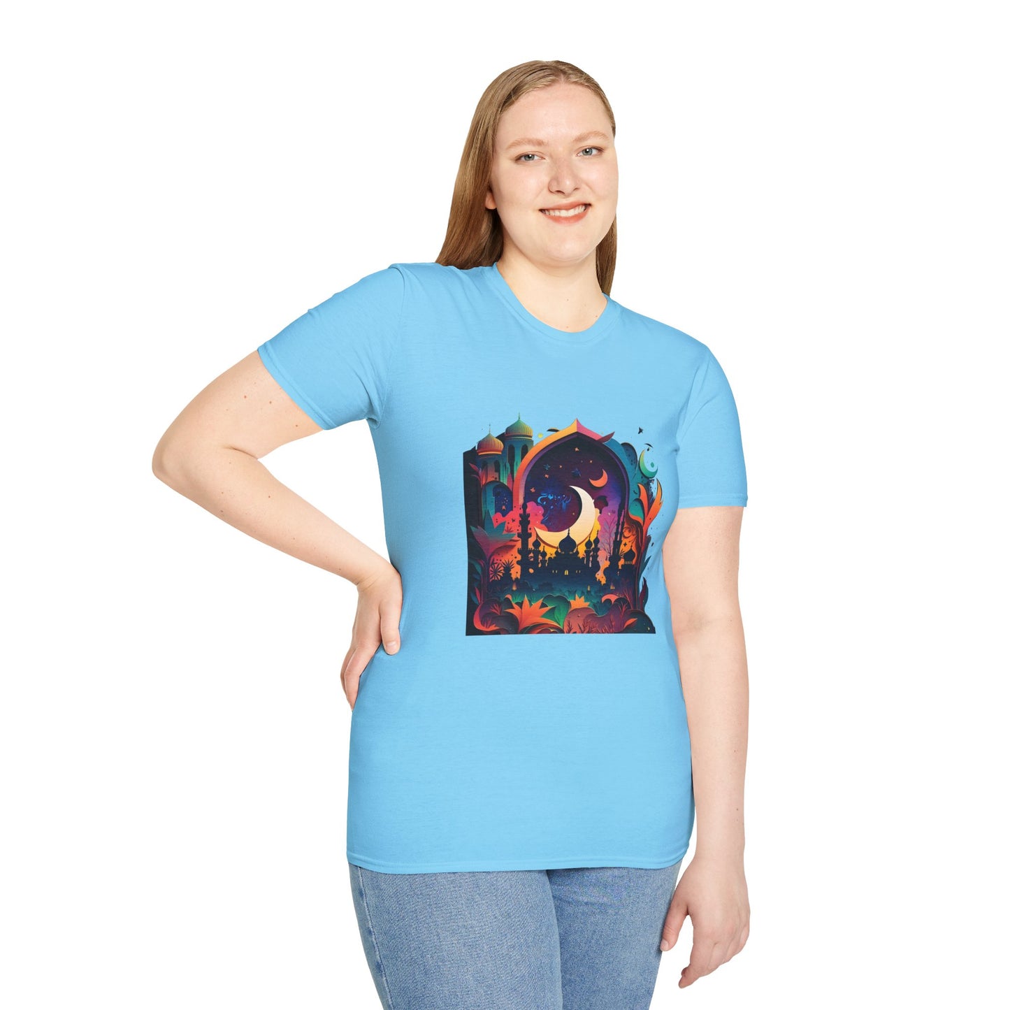 Celestial Unisex T-Shirt with Islamic Theme, Festival Wear Neon Color Masjid