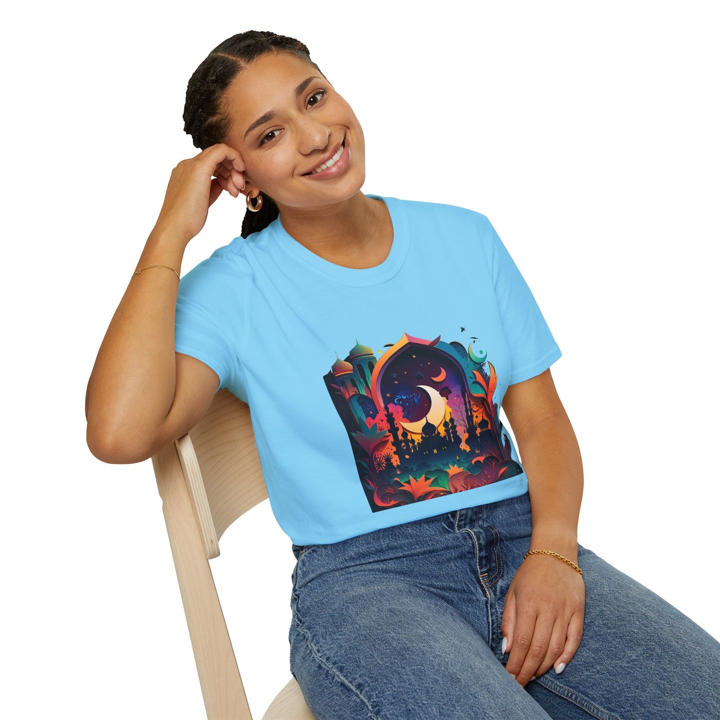Celestial Unisex T-Shirt with Islamic Theme, Festival Wear Neon Color Masjid