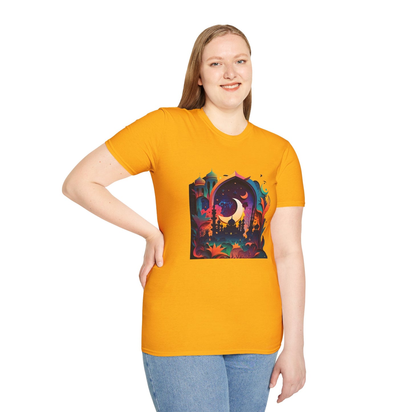 Celestial Unisex T-Shirt with Islamic Theme, Festival Wear Neon Color Masjid