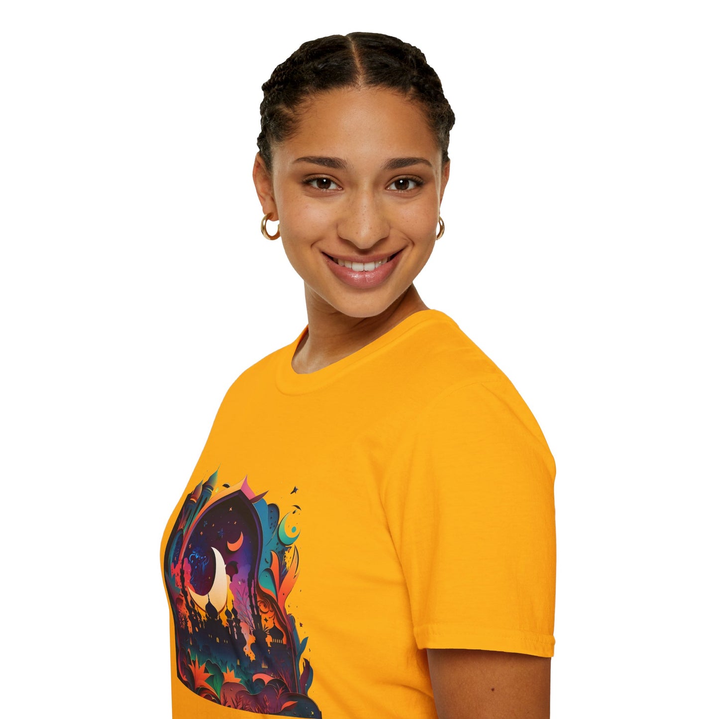 Celestial Unisex T-Shirt with Islamic Theme, Festival Wear Neon Color Masjid