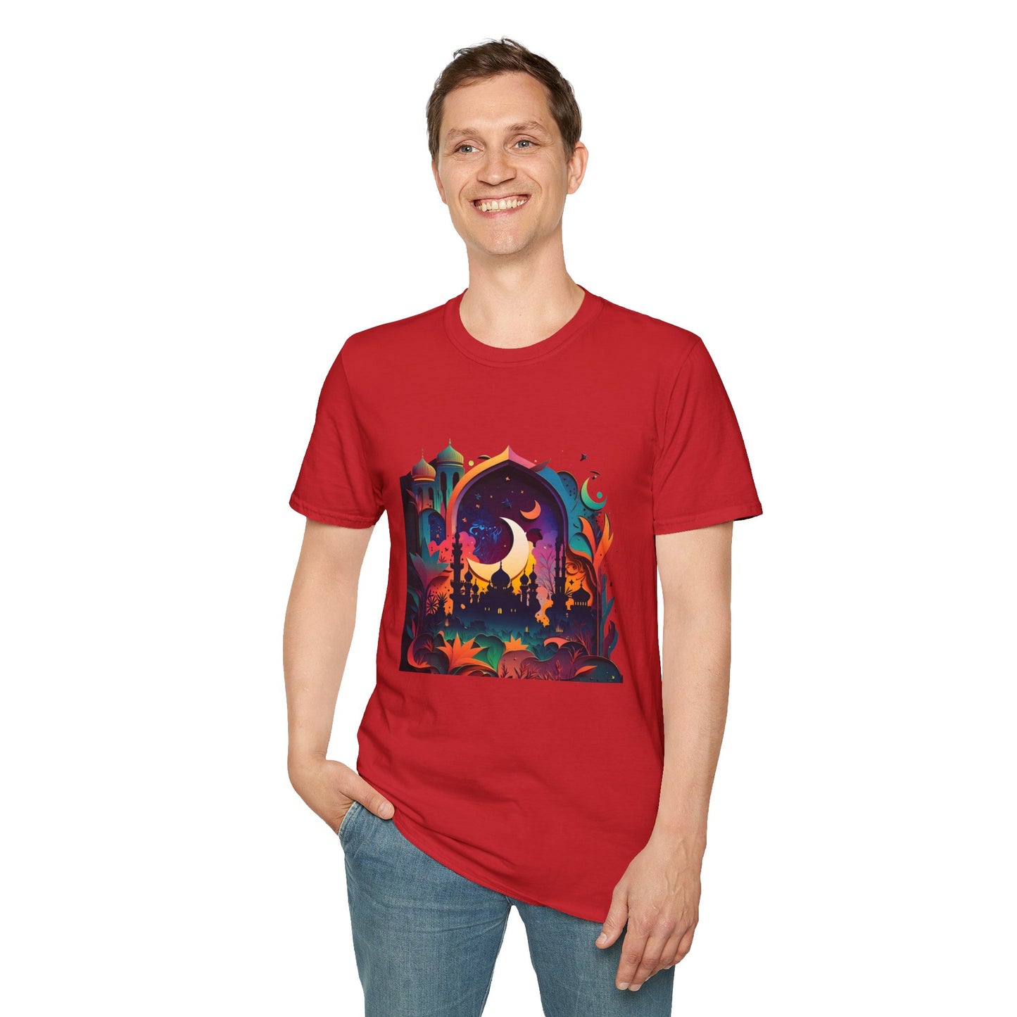Celestial Unisex T-Shirt with Islamic Theme, Festival Wear Neon Color Masjid
