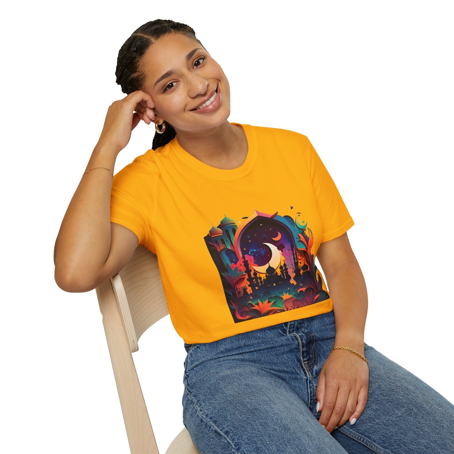 Celestial Unisex T-Shirt with Islamic Theme, Festival Wear Neon Color Masjid