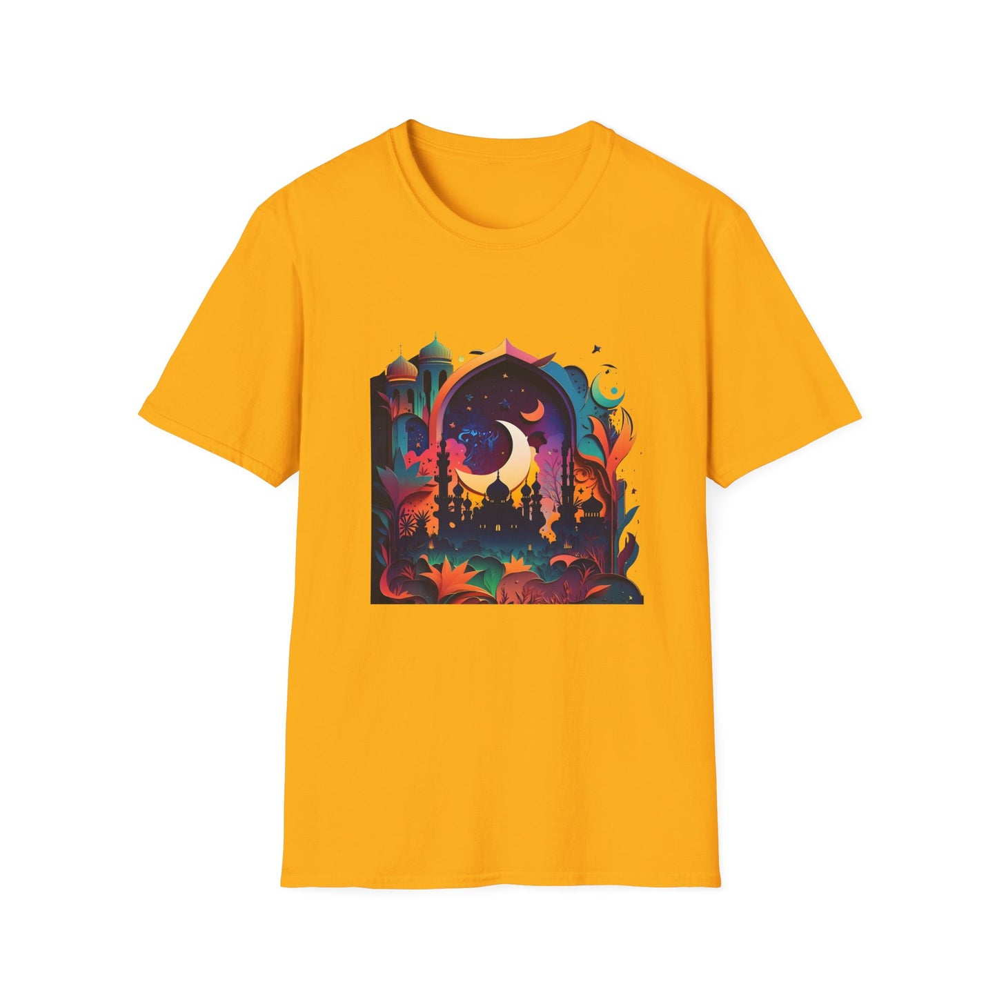 Celestial Unisex T-Shirt with Islamic Theme, Festival Wear Neon Color Masjid
