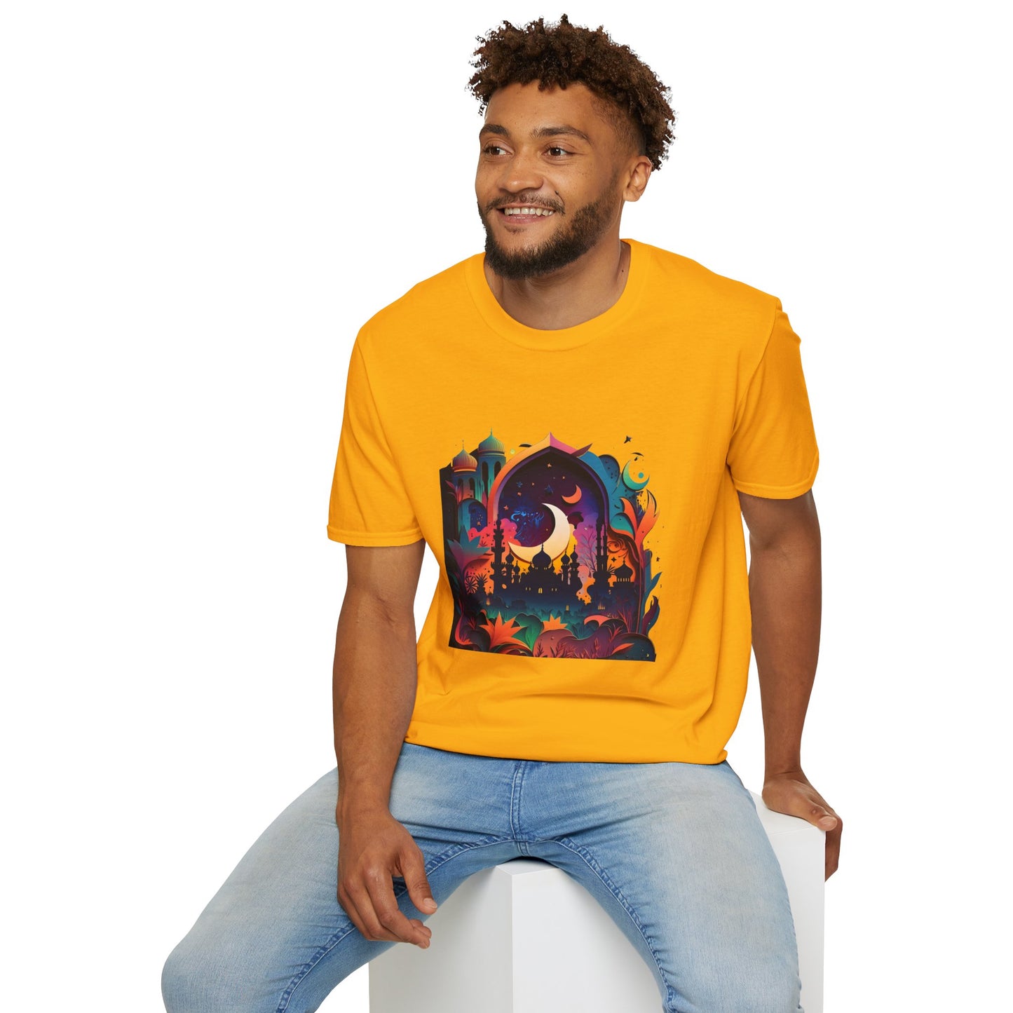 Celestial Unisex T-Shirt with Islamic Theme, Festival Wear Neon Color Masjid