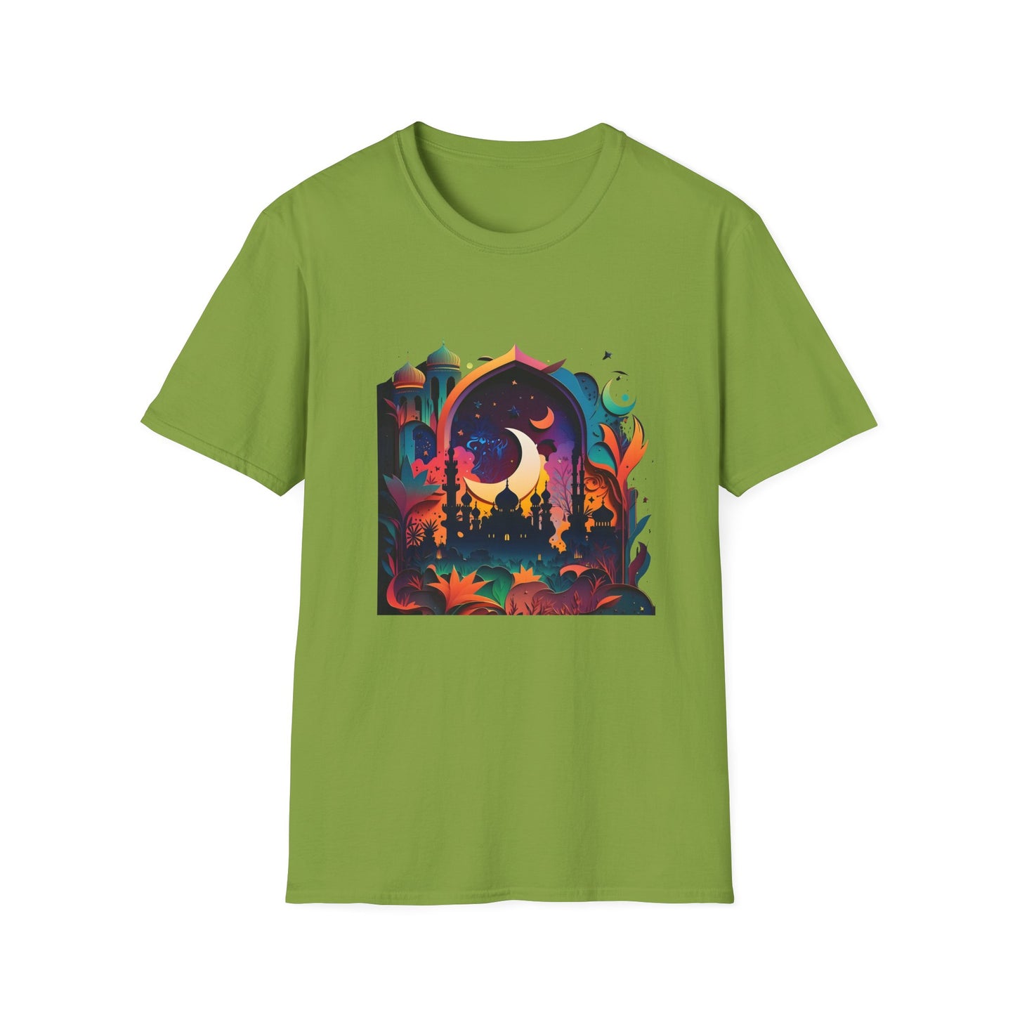 Celestial Unisex T-Shirt with Islamic Theme, Festival Wear Neon Color Masjid
