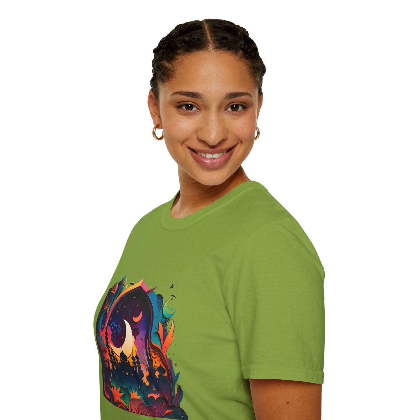 Celestial Unisex T-Shirt with Islamic Theme, Festival Wear Neon Color Masjid