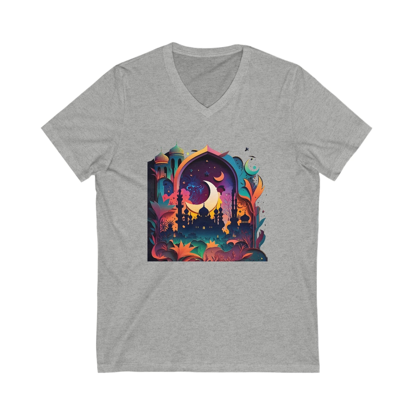 Neon Dreamscape Mosque colorful Ramadan Hajj Islamic, Muslim gifts, Unisex, Jersey Short Sleeve, V-Neck Tee, Umrah, Religious Tee, Islamic