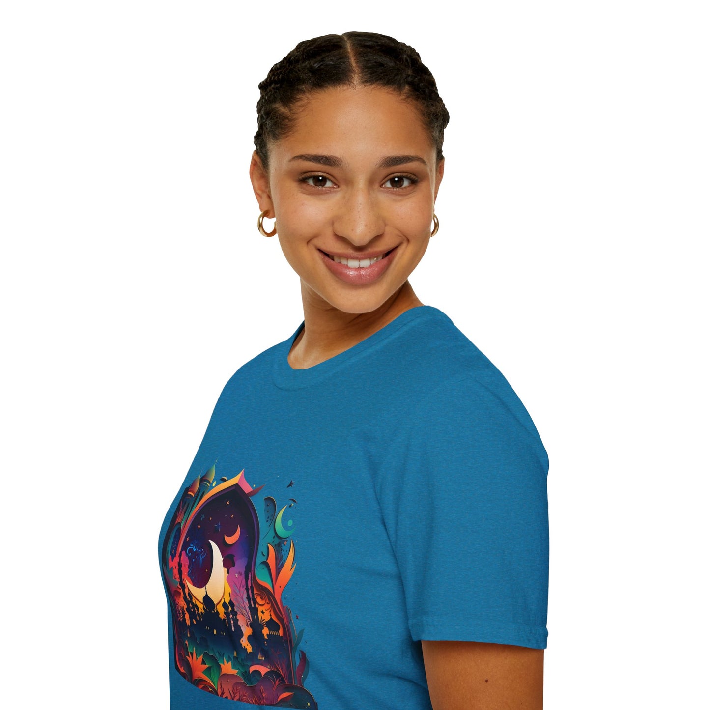Celestial Unisex T-Shirt with Islamic Theme, Festival Wear Neon Color Masjid