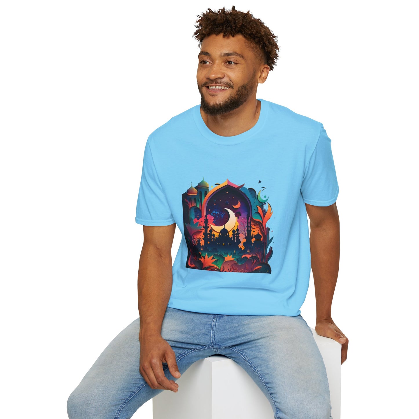 Celestial Unisex T-Shirt with Islamic Theme, Festival Wear Neon Color Masjid