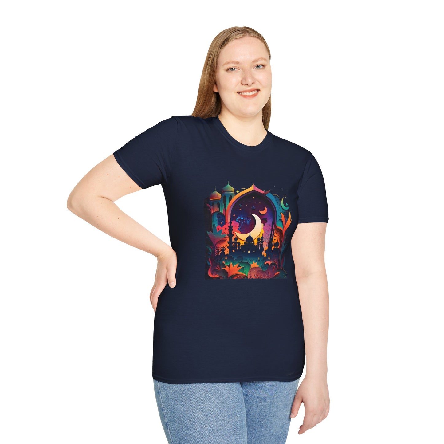 Celestial Unisex T-Shirt with Islamic Theme, Festival Wear Neon Color Masjid