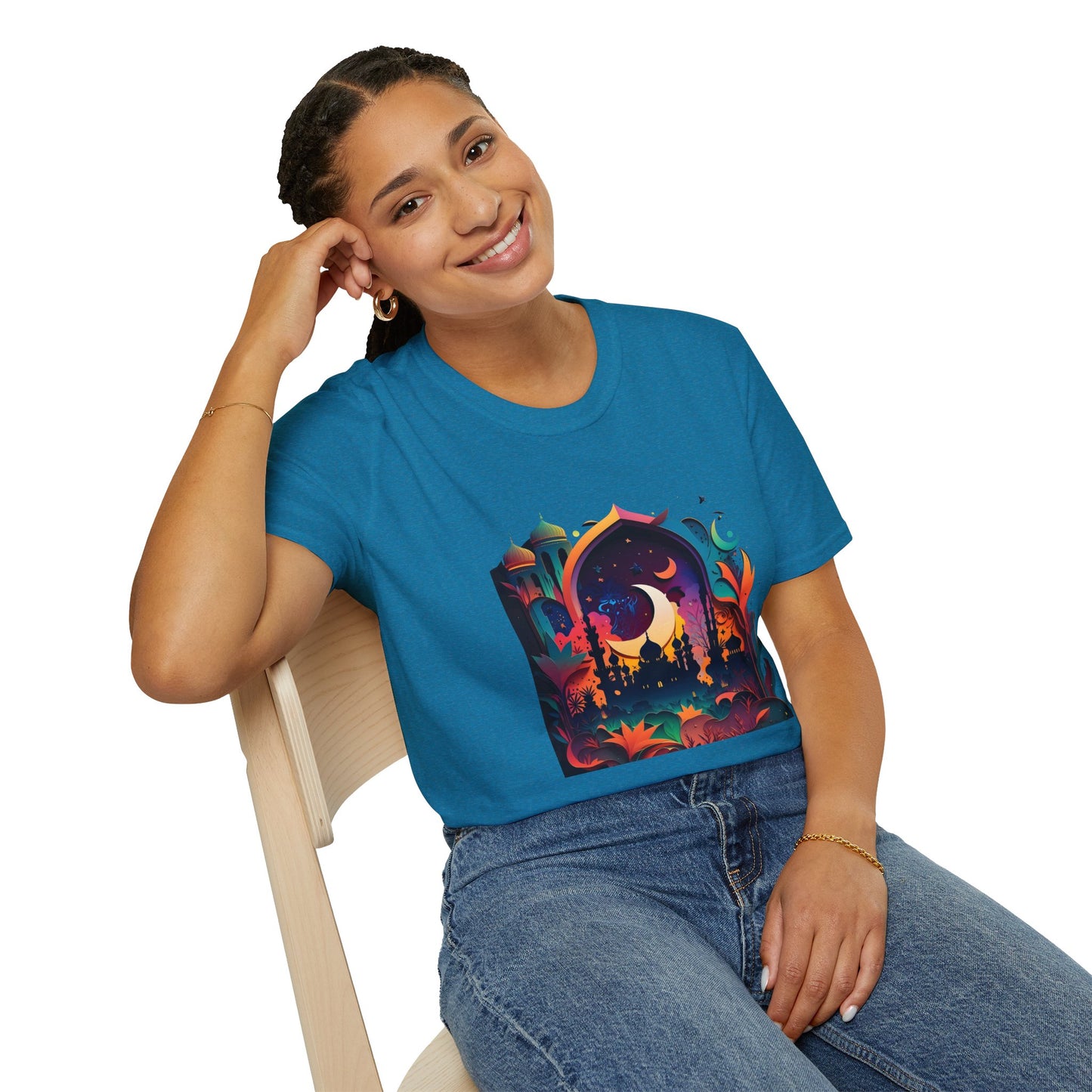 Celestial Unisex T-Shirt with Islamic Theme, Festival Wear Neon Color Masjid