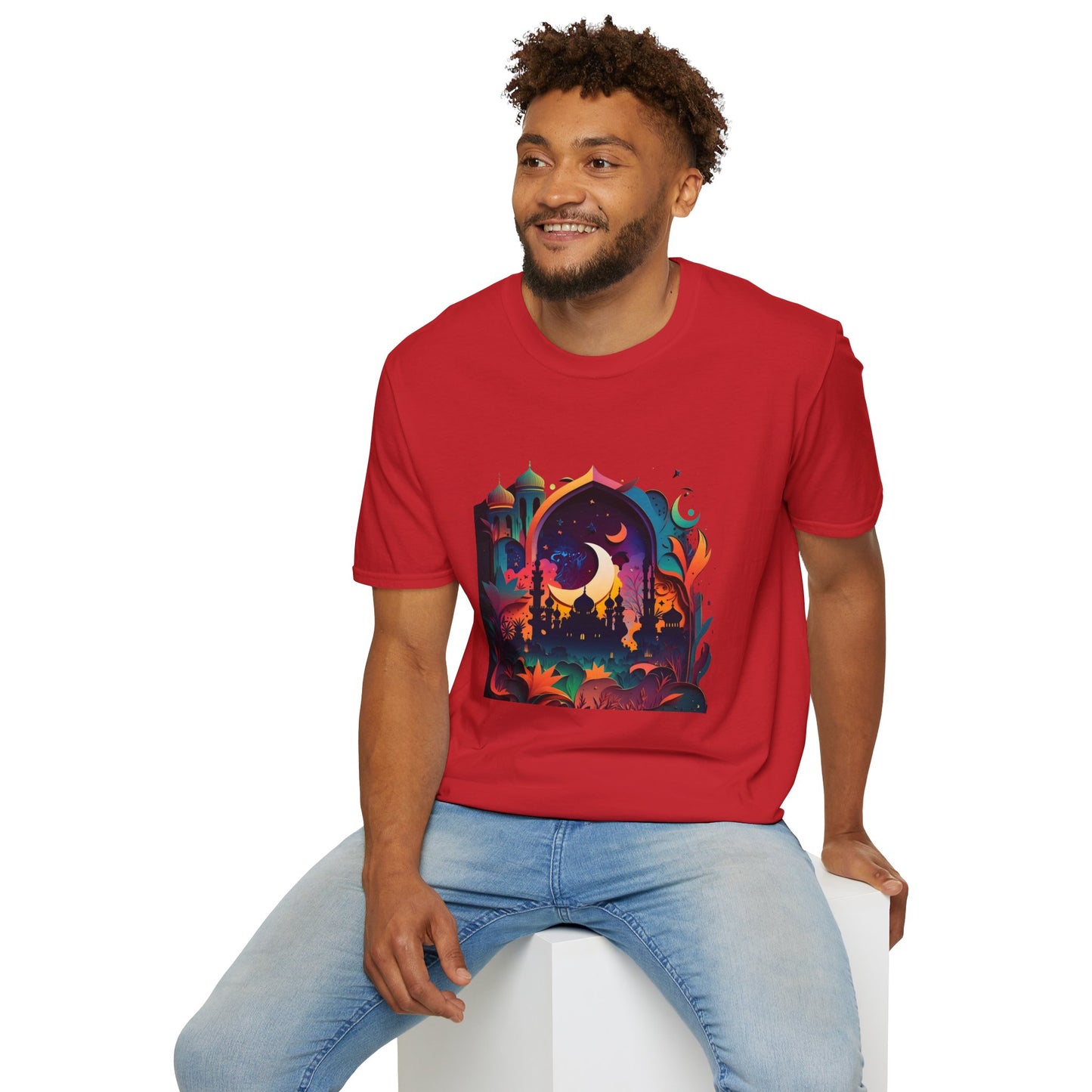 Celestial Unisex T-Shirt with Islamic Theme, Festival Wear Neon Color Masjid