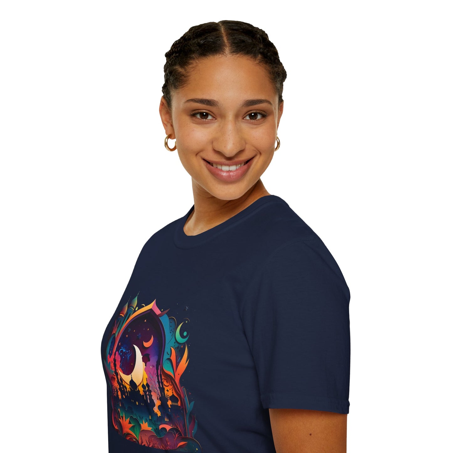 Celestial Unisex T-Shirt with Islamic Theme, Festival Wear Neon Color Masjid