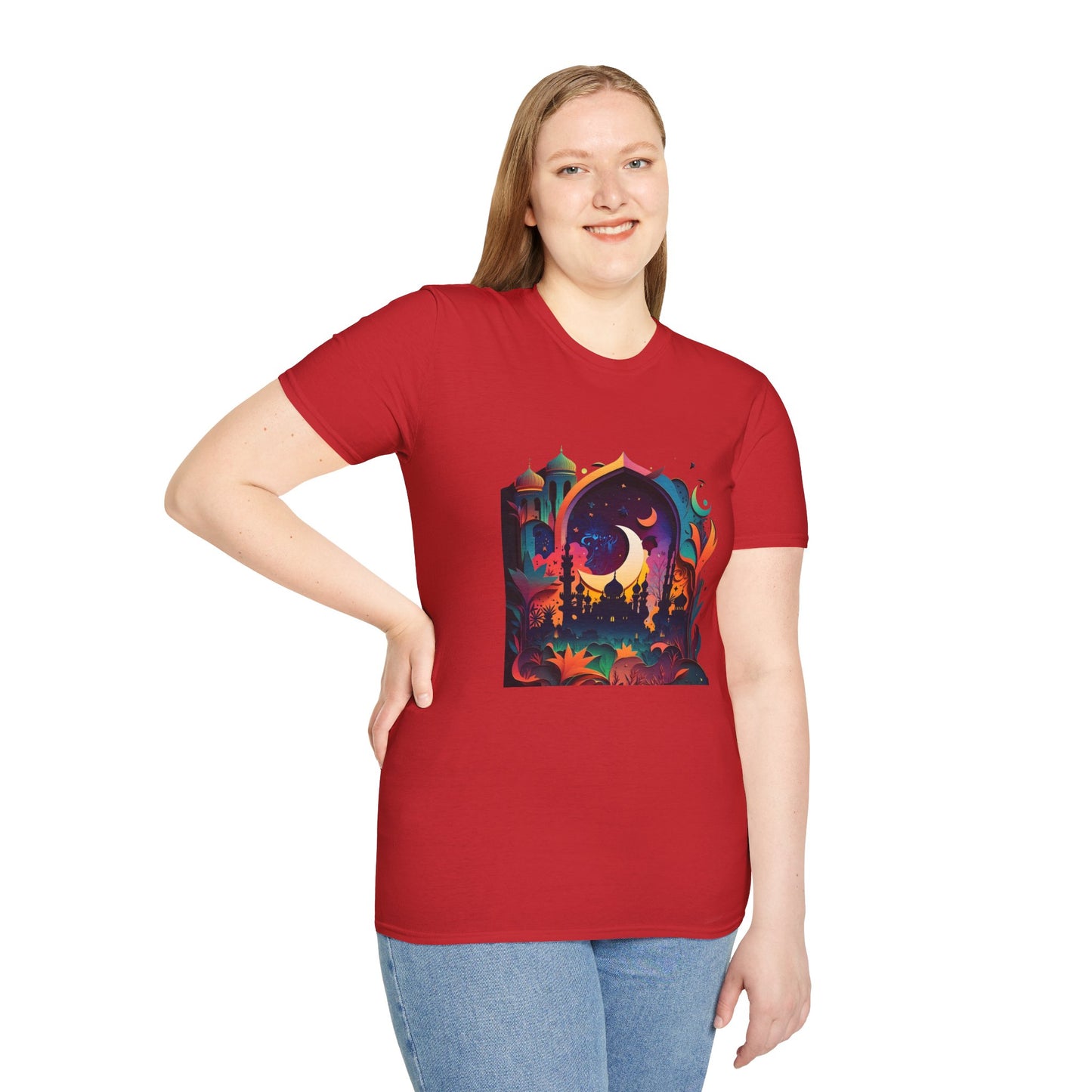 Celestial Unisex T-Shirt with Islamic Theme, Festival Wear Neon Color Masjid