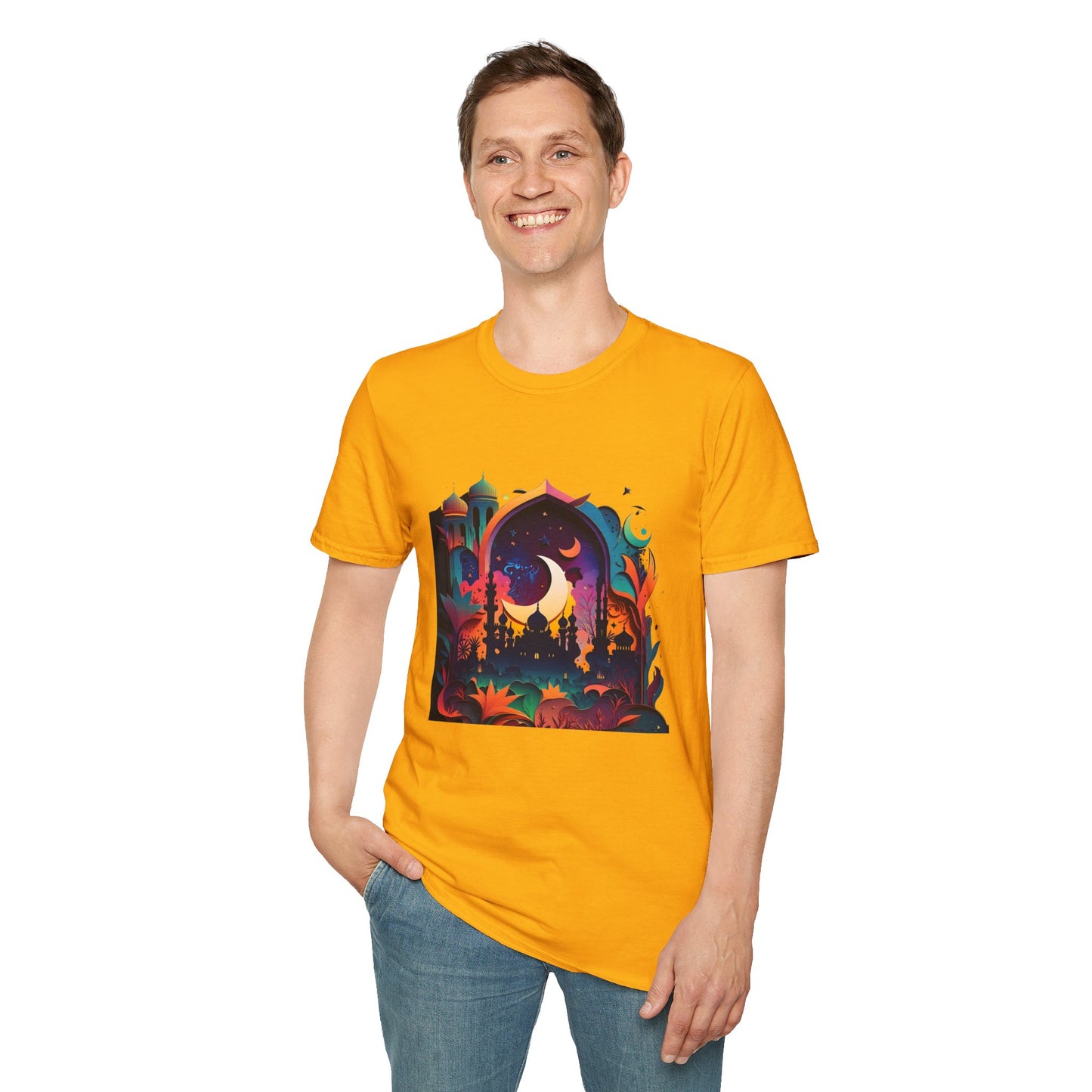 Celestial Unisex T-Shirt with Islamic Theme, Festival Wear Neon Color Masjid