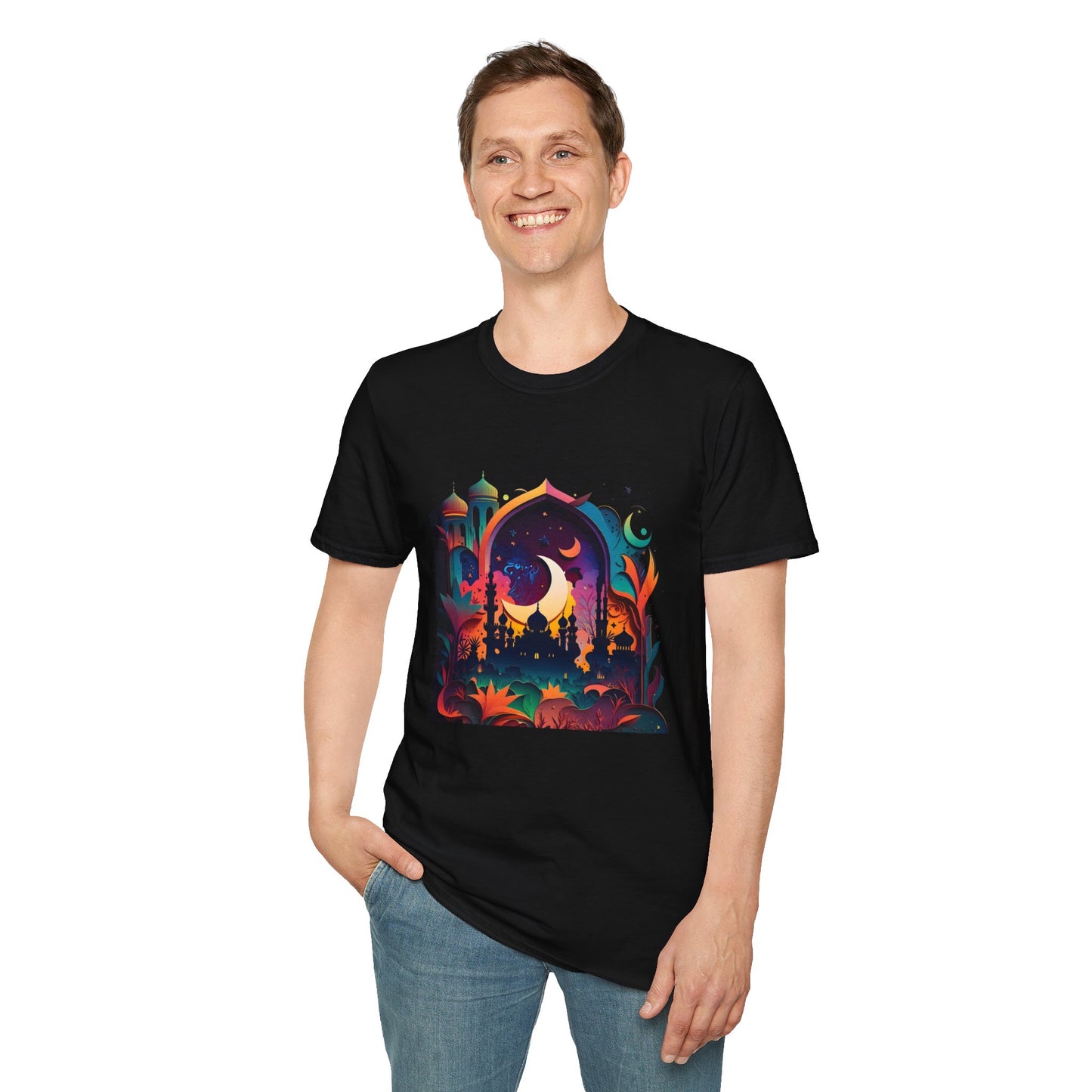 Celestial Unisex T-Shirt with Islamic Theme, Festival Wear Neon Color Masjid