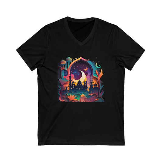 Neon Dreamscape Mosque colorful Ramadan Hajj Islamic, Muslim gifts, Unisex, Jersey Short Sleeve, V-Neck Tee, Umrah, Religious Tee, Islamic