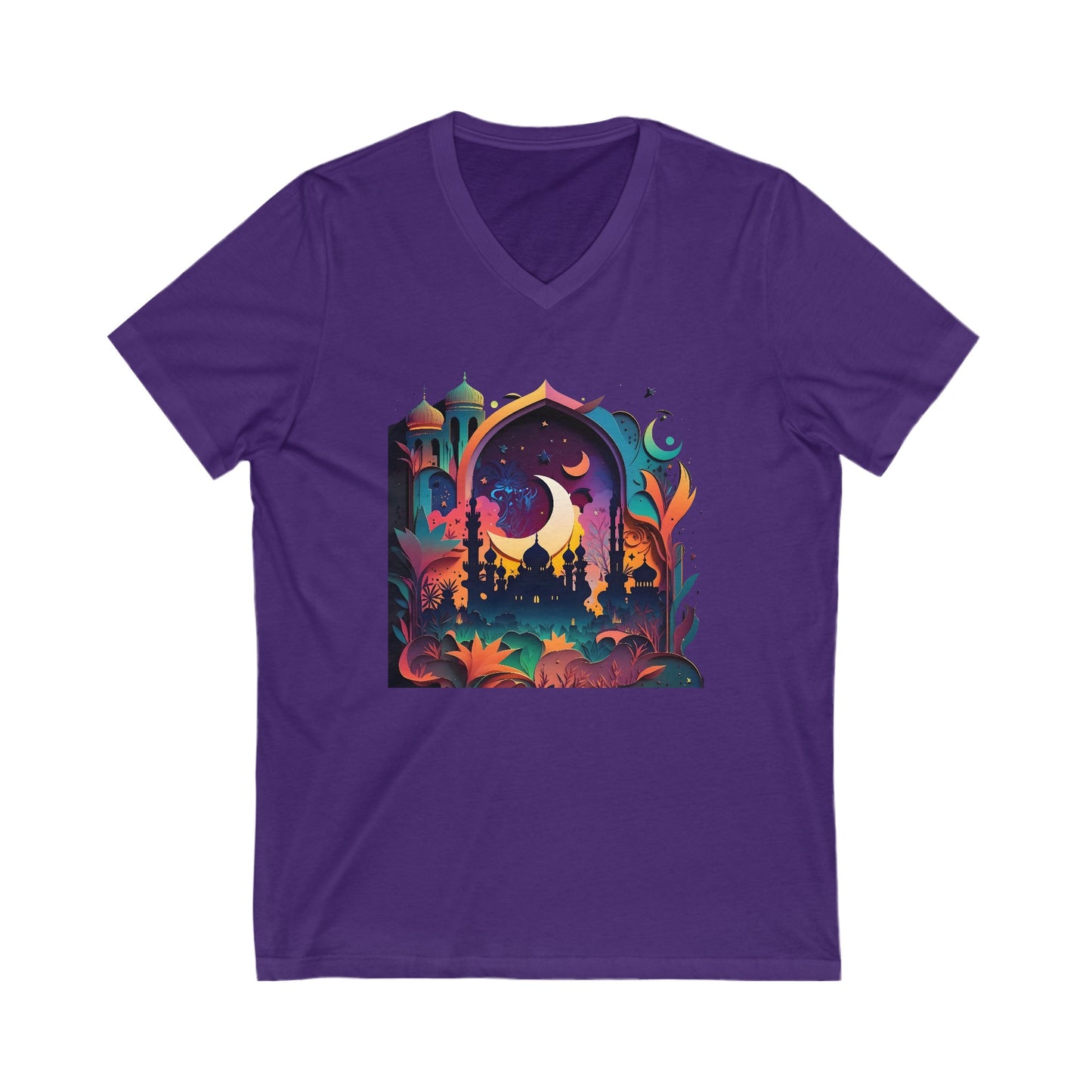 Neon Dreamscape Mosque colorful Ramadan Hajj Islamic, Muslim gifts, Unisex, Jersey Short Sleeve, V-Neck Tee, Umrah, Religious Tee, Islamic