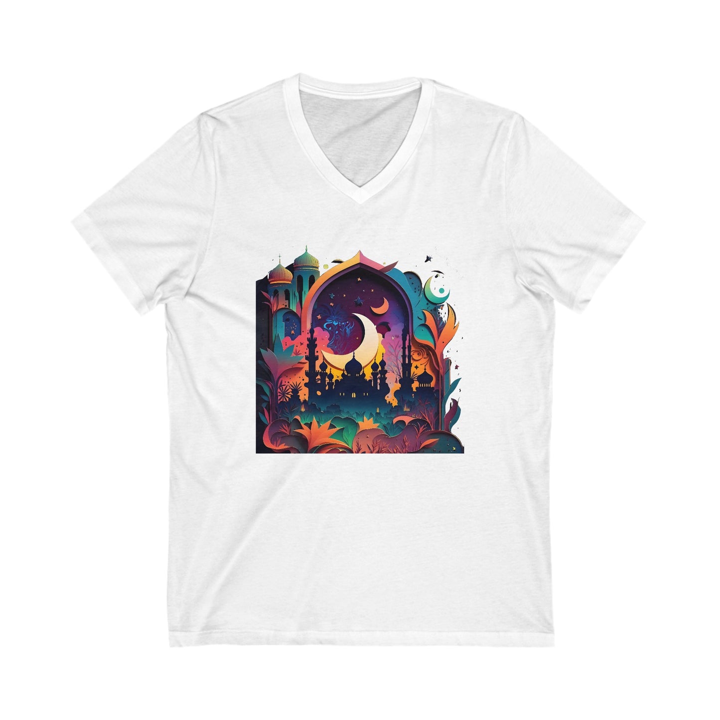 Neon Dreamscape Mosque colorful Ramadan Hajj Islamic, Muslim gifts, Unisex, Jersey Short Sleeve, V-Neck Tee, Umrah, Religious Tee, Islamic