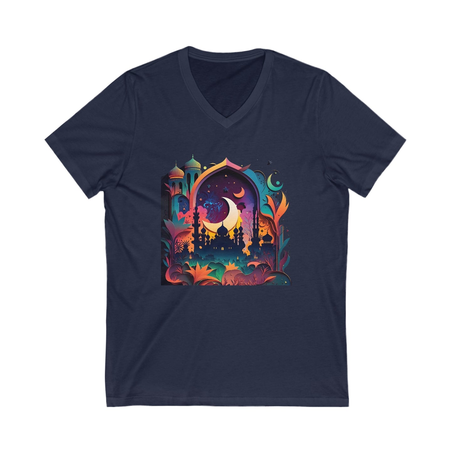 Neon Dreamscape Mosque colorful Ramadan Hajj Islamic, Muslim gifts, Unisex, Jersey Short Sleeve, V-Neck Tee, Umrah, Religious Tee, Islamic