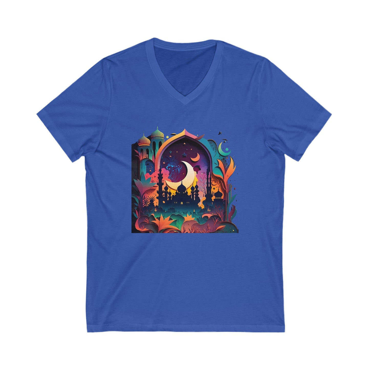 Neon Dreamscape Mosque colorful Ramadan Hajj Islamic, Muslim gifts, Unisex, Jersey Short Sleeve, V-Neck Tee, Umrah, Religious Tee, Islamic