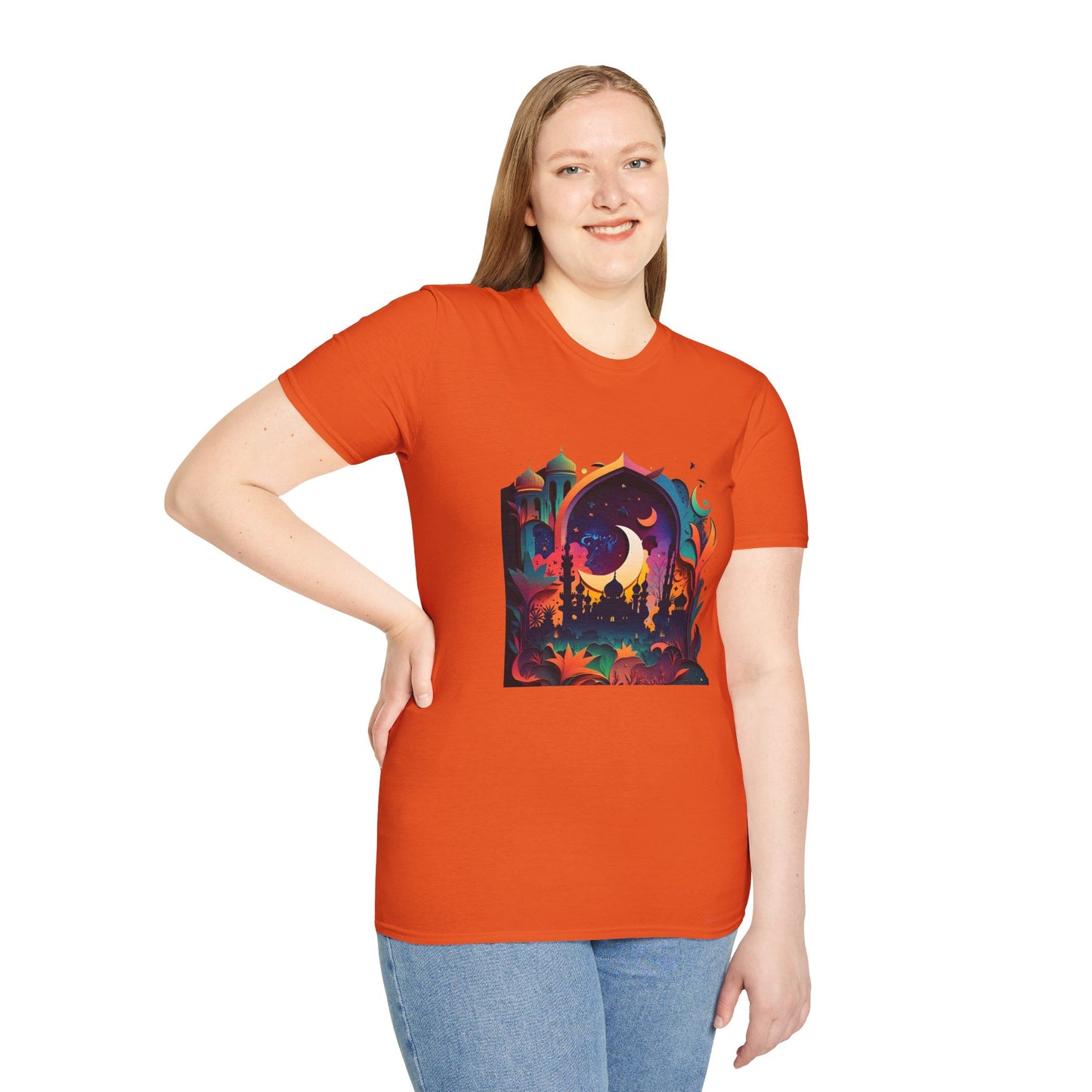 Celestial Unisex T-Shirt with Islamic Theme, Festival Wear Neon Color Masjid