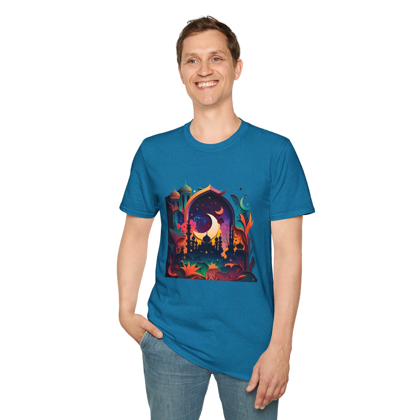 Celestial Unisex T-Shirt with Islamic Theme, Festival Wear Neon Color Masjid