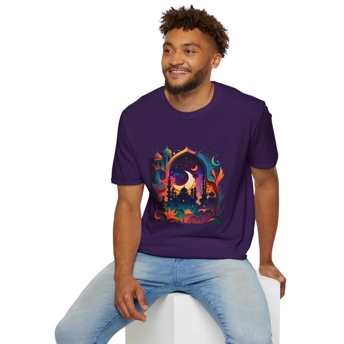 Celestial Unisex T-Shirt with Islamic Theme, Festival Wear Neon Color Masjid