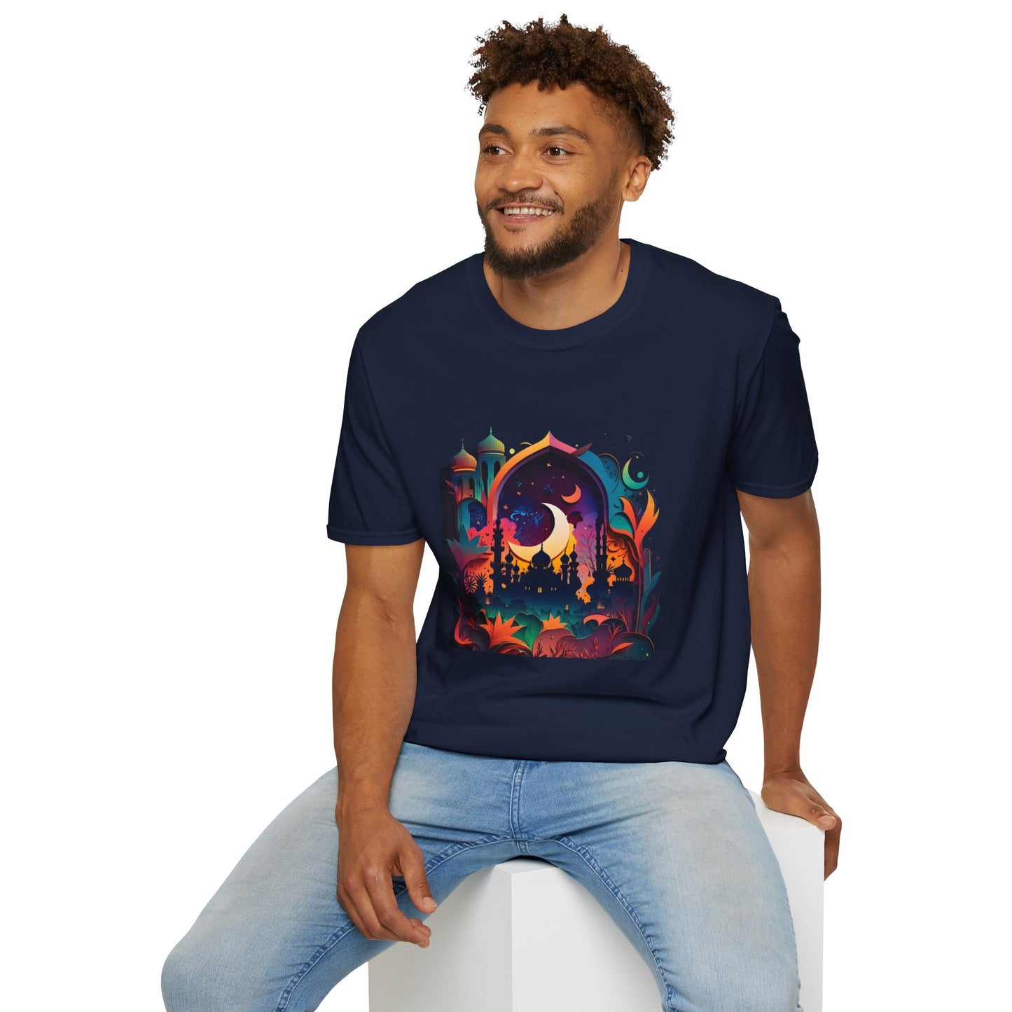 Celestial Unisex T-Shirt with Islamic Theme, Festival Wear Neon Color Masjid