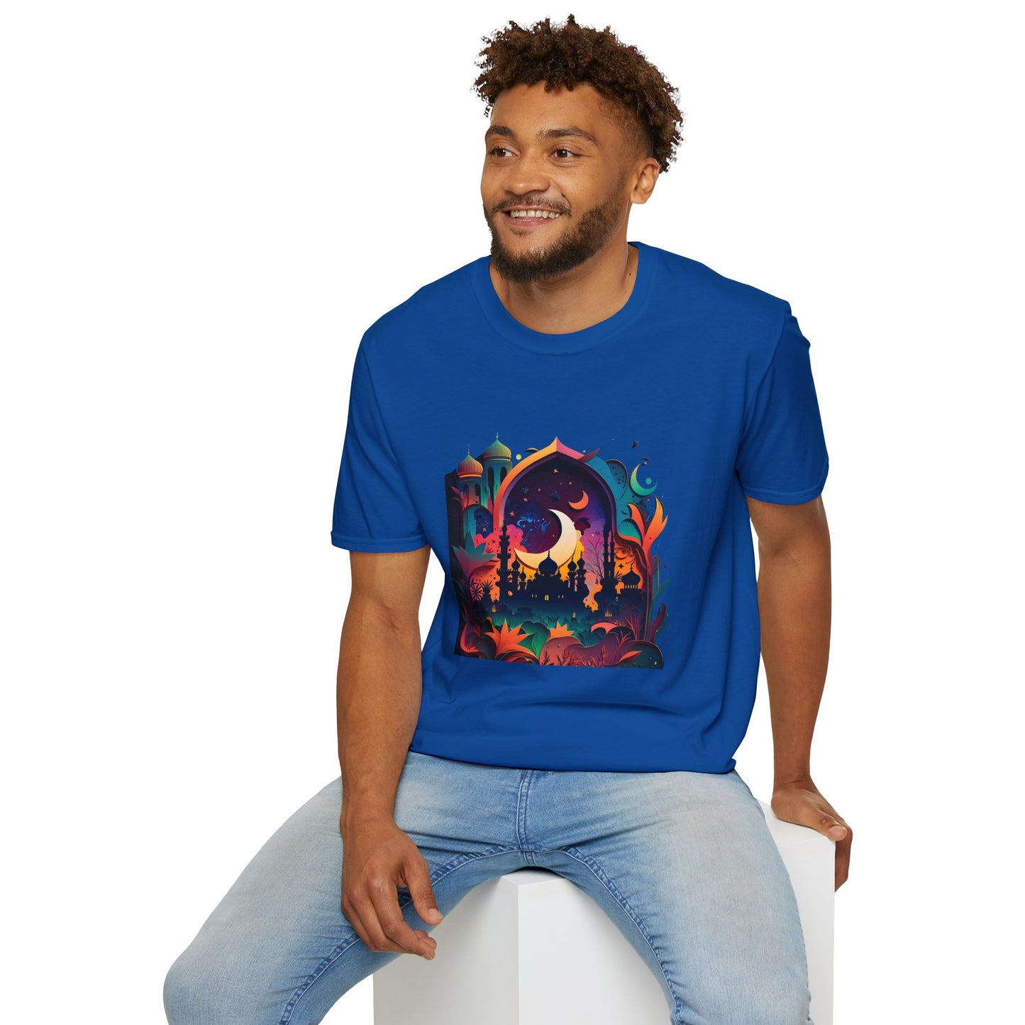 Celestial Unisex T-Shirt with Islamic Theme, Festival Wear Neon Color Masjid