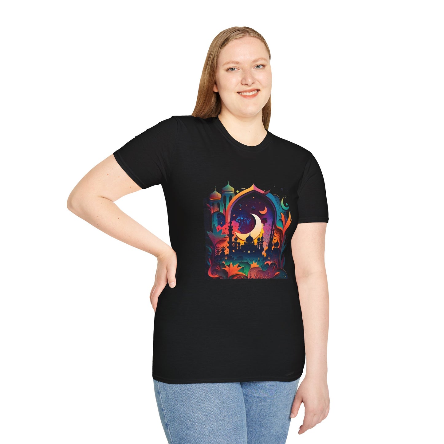 Celestial Unisex T-Shirt with Islamic Theme, Festival Wear Neon Color Masjid