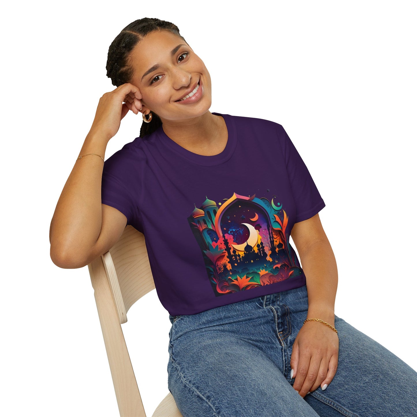 Celestial Unisex T-Shirt with Islamic Theme, Festival Wear Neon Color Masjid