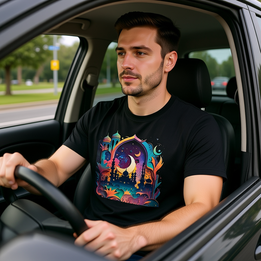 Celestial Unisex T-Shirt with Islamic Theme, Festival Wear Neon Color Masjid