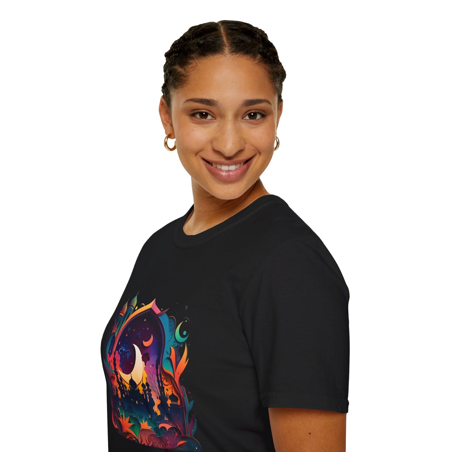 Celestial Unisex T-Shirt with Islamic Theme, Festival Wear Neon Color Masjid