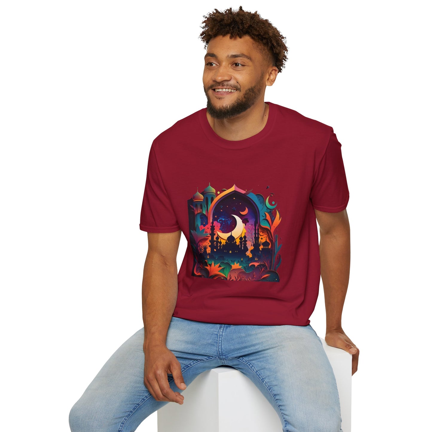 Celestial Unisex T-Shirt with Islamic Theme, Festival Wear Neon Color Masjid