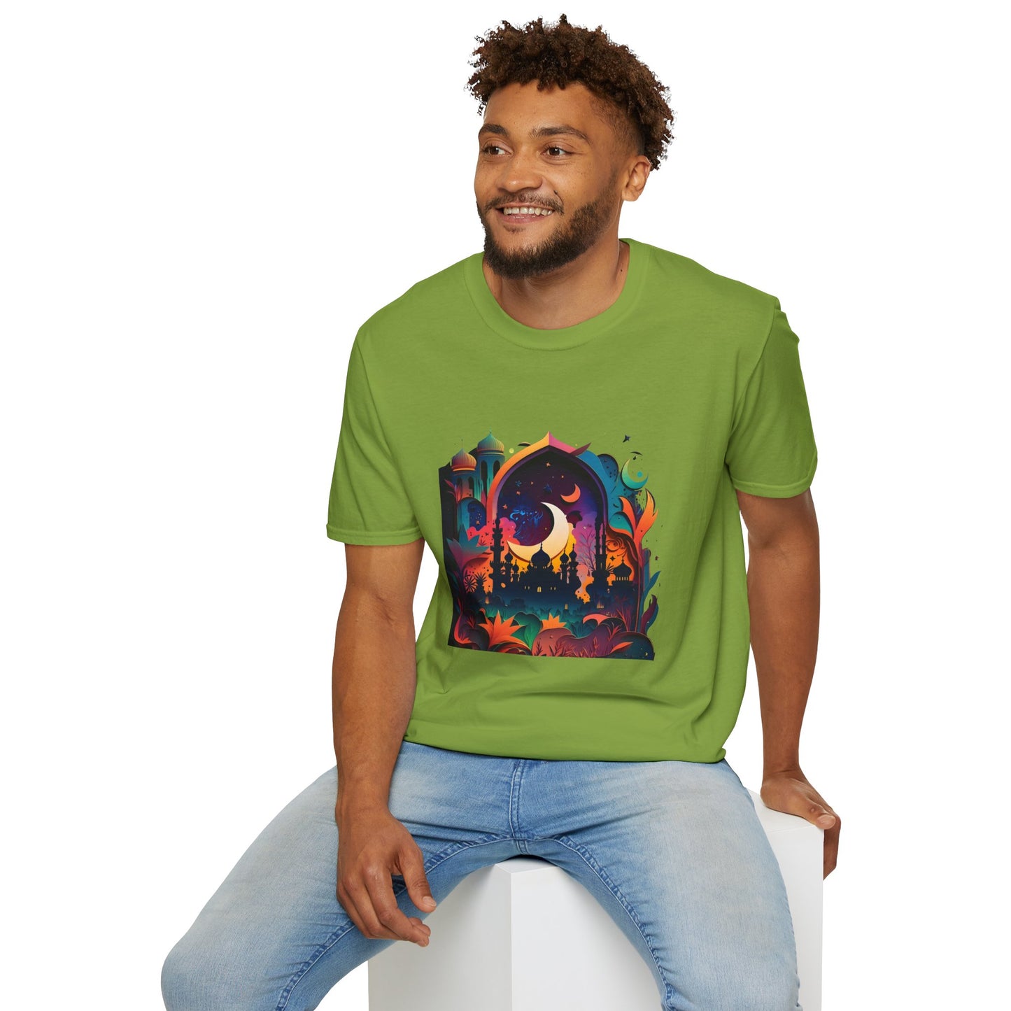 Celestial Unisex T-Shirt with Islamic Theme, Festival Wear Neon Color Masjid
