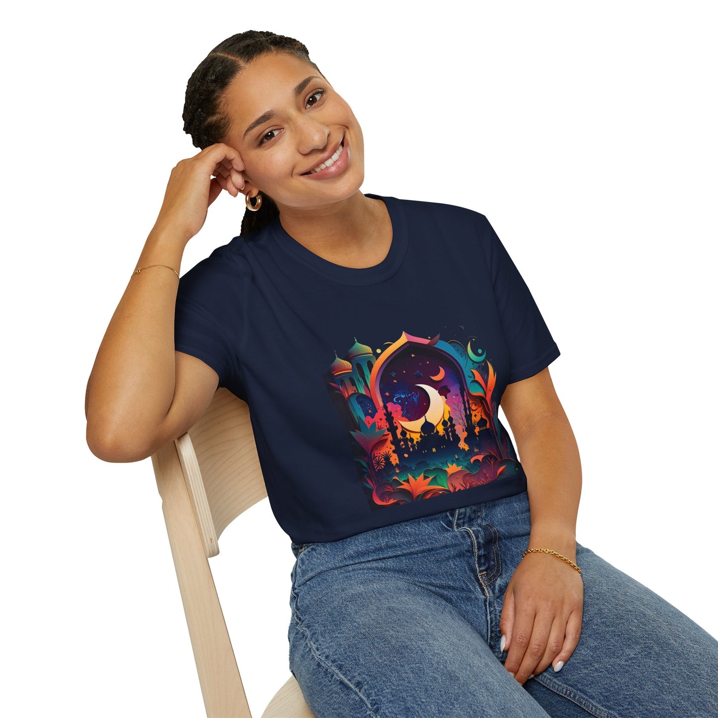 Celestial Unisex T-Shirt with Islamic Theme, Festival Wear Neon Color Masjid