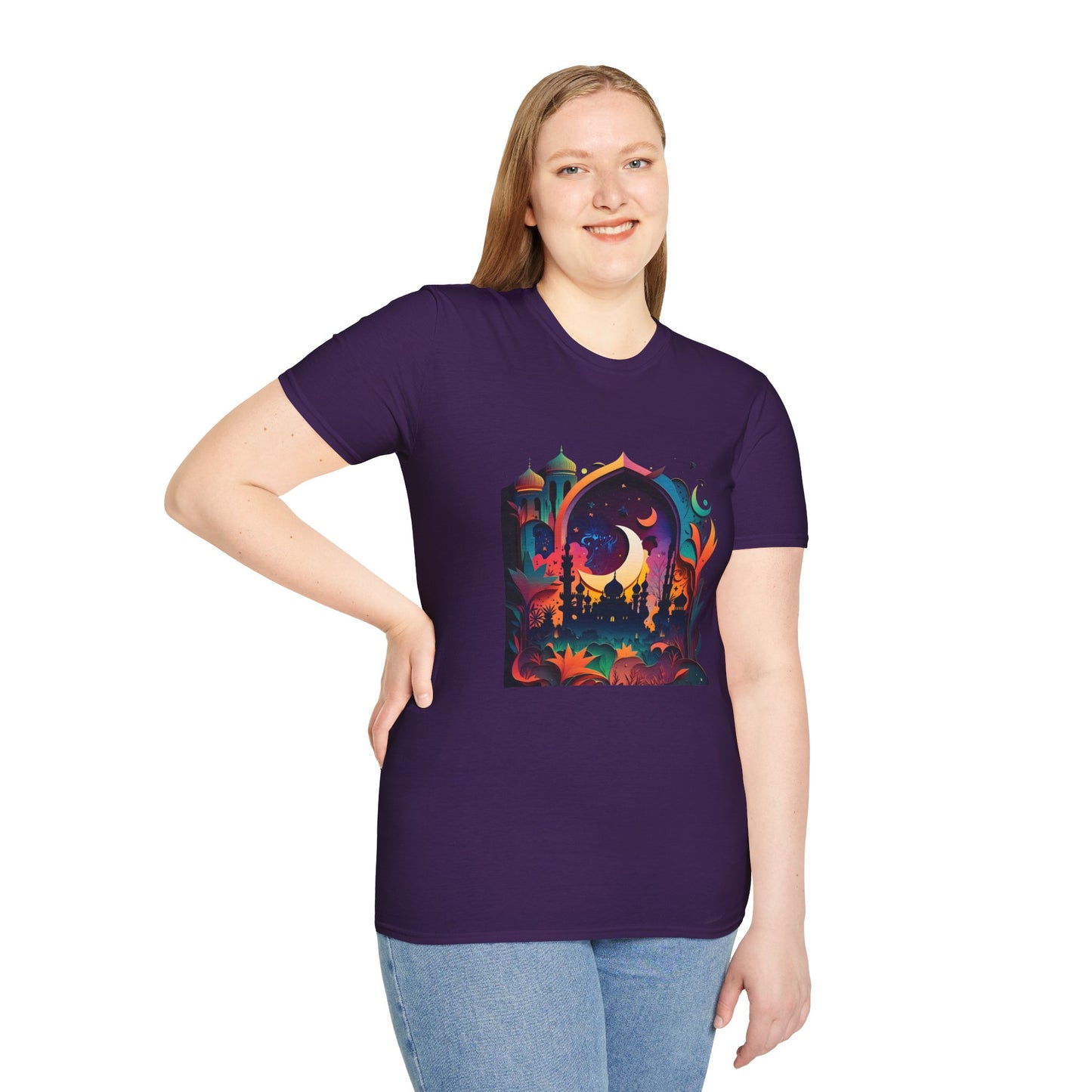 Celestial Unisex T-Shirt with Islamic Theme, Festival Wear Neon Color Masjid