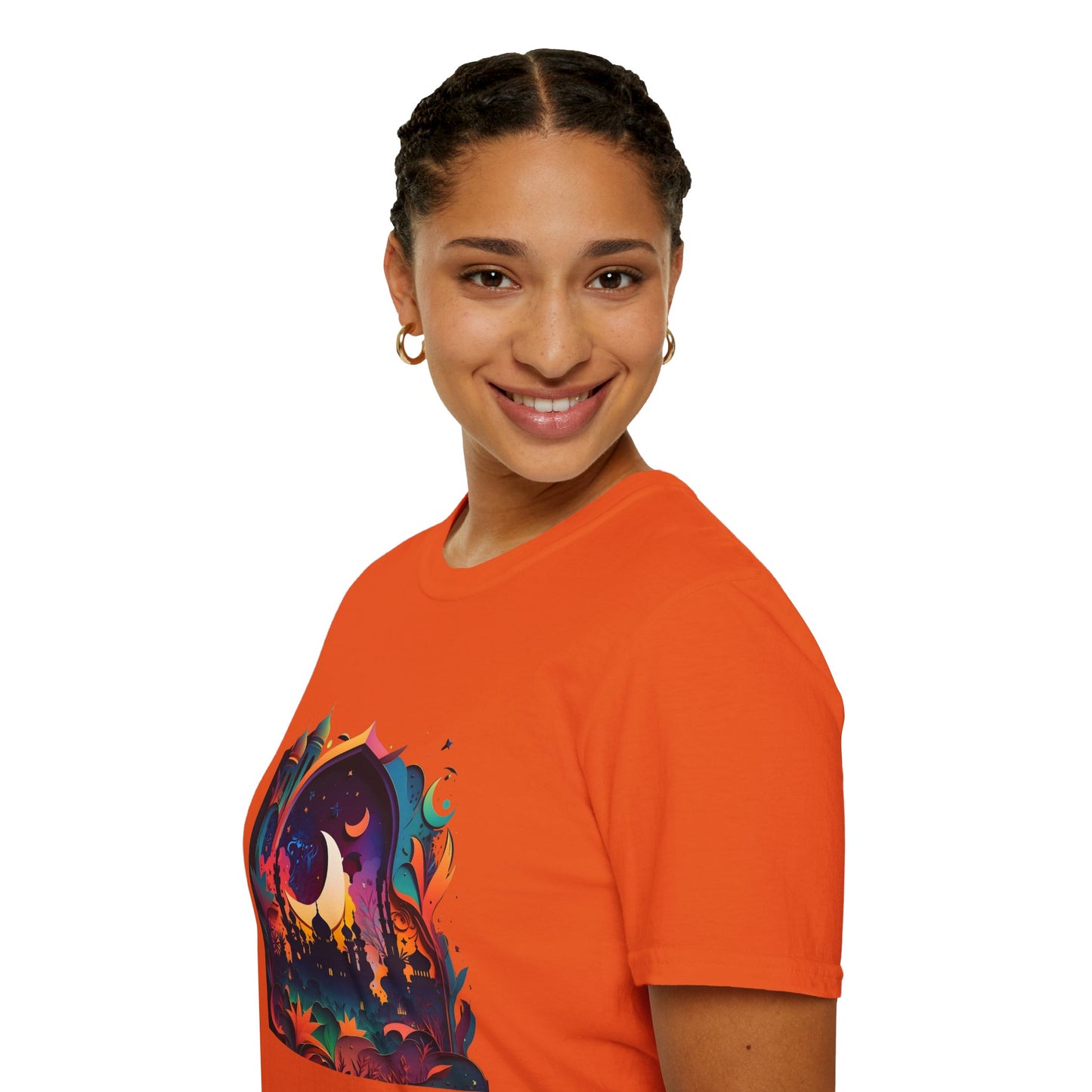 Celestial Unisex T-Shirt with Islamic Theme, Festival Wear Neon Color Masjid