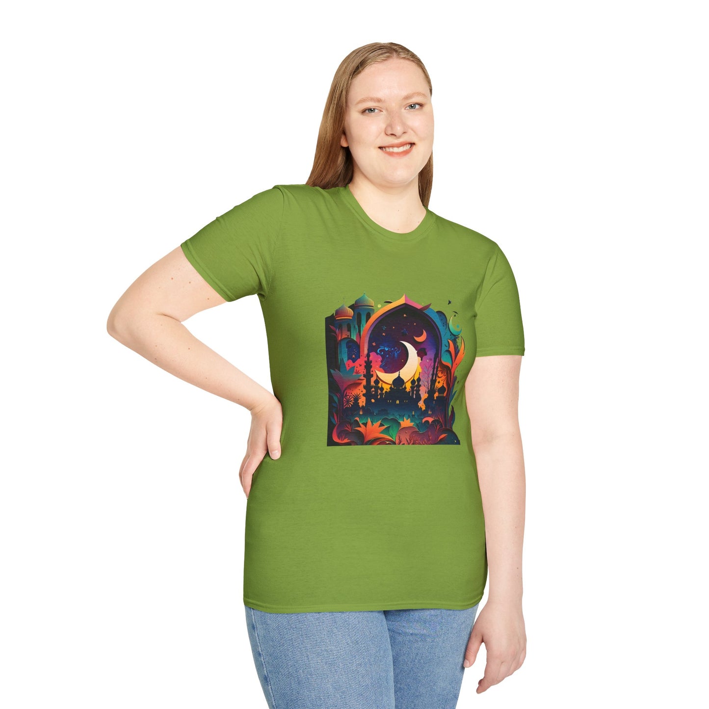 Celestial Unisex T-Shirt with Islamic Theme, Festival Wear Neon Color Masjid