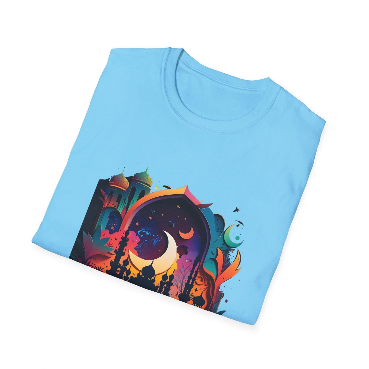 Celestial Unisex T-Shirt with Islamic Theme, Festival Wear Neon Color Masjid