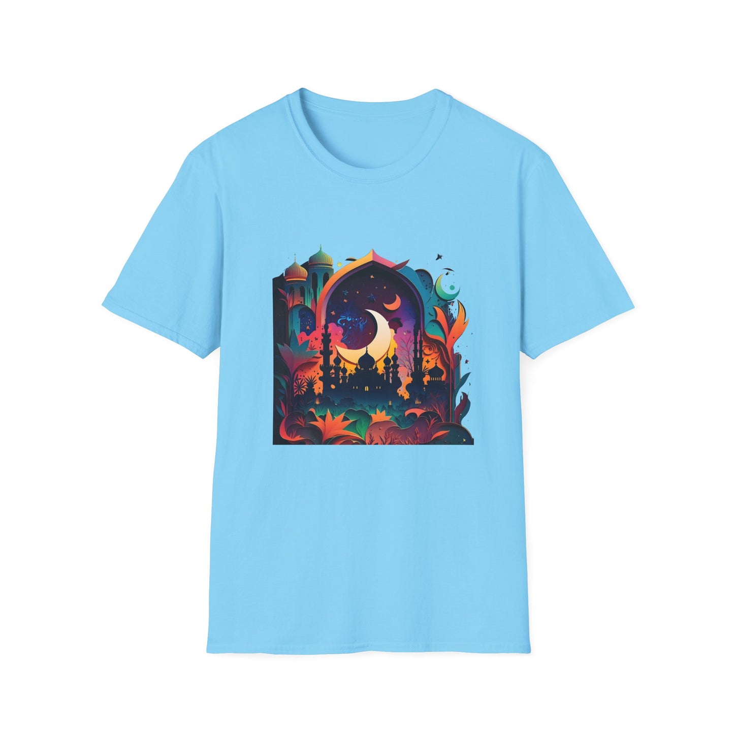 Celestial Unisex T-Shirt with Islamic Theme, Festival Wear Neon Color Masjid